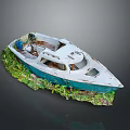 Detailed Decorative Model Boat With White And Blue Hull On Green Grass Dark Background