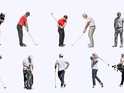 Multiple Golfers Performing Various Golf Actions Swinging Clubs Preparing To Hit Balls And Carrying Bags 3d model