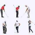 Multiple Golfers Performing Various Golf Actions Swinging Clubs Preparing To Hit Balls And Carrying Bags