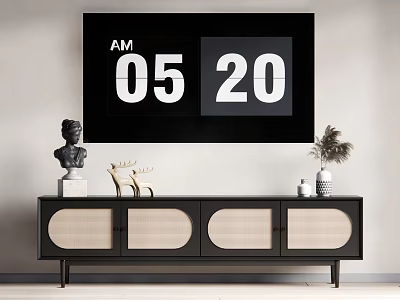 Modern Black TV Stand with Decorative Statue Deer Figurine Vase and Potted Plant in Living Room Interior 3d model