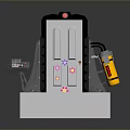 Industrial Metal Gate With Control Console Mechanical Arms And Yellow Warning Stripes Platform
