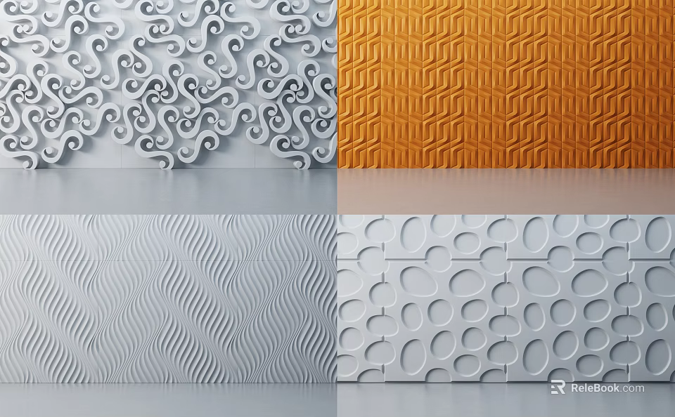 Various Textured Wall Designs With Gray Spiral Orange Geometric Wavy And Circular Patterns 3d model