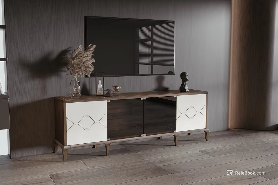Modern Wooden White TV Stand with Geometric Doors and Decorative Vase Figurine in Living Room 3d model 
