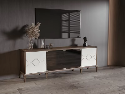 Modern Wooden White TV Stand with Geometric Doors and Decorative Vase Figurine in Living Room 3d model