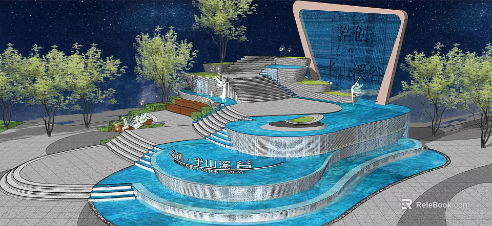 Modern Garden Landscape Design With Terraced Water Pools Fountains Trees And Steps 3d model 