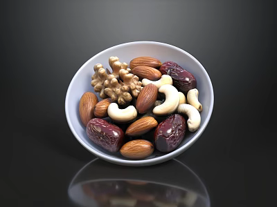 Bowl Of Mixed Nuts And Dates Healthy Snacks With Almonds Cashews And Walnuts 3d model