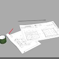 Architectural Plans With Tape Measure Pencil And Green Mug For Daily Use