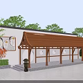 Traditional Wooden Pergola Featuring Brown Roof White Wall Circular Decorations And Trees