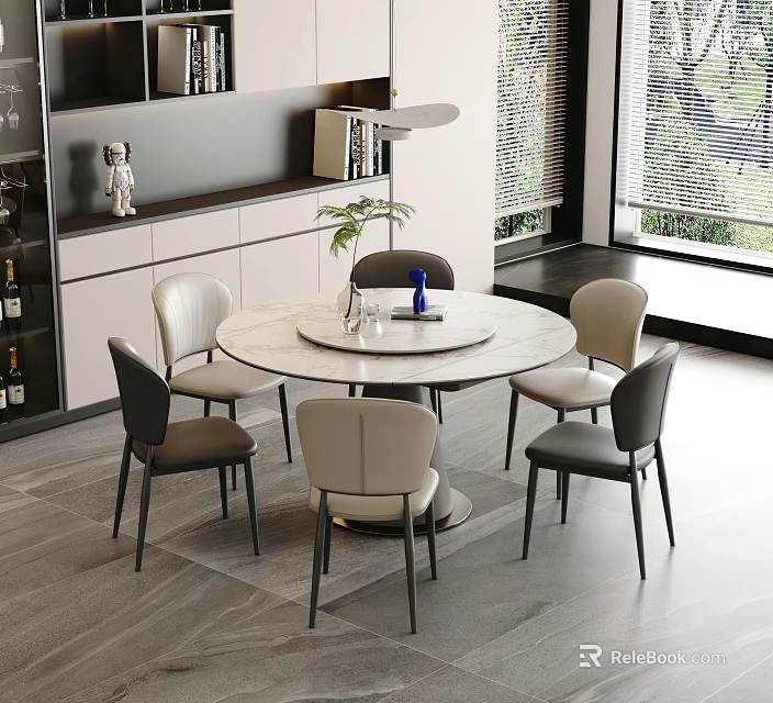 Round Dining Table Set with Neutral Toned Chairs Decorative Vase and Sunlit Room 3d model 