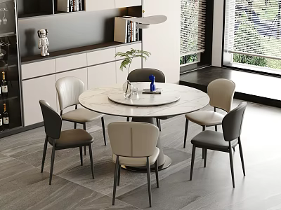 Round Dining Table Set with Neutral Toned Chairs Decorative Vase and Sunlit Room 3d model