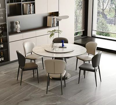 Round Dining Table Set with Neutral Toned Chairs Decorative Vase and Sunlit Room 3d model