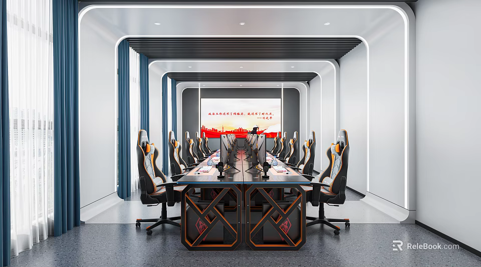 Esports Style Meeting Room With Long Table And Gaming Chairs 3d model 