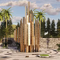 Golden Tall Sculpture with Palm Trees Pine Trees Stone Wall and Circular Pavement