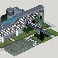 Modern Office Building With White Exterior Numerous Windows Cylindrical Top And Front Greenery
