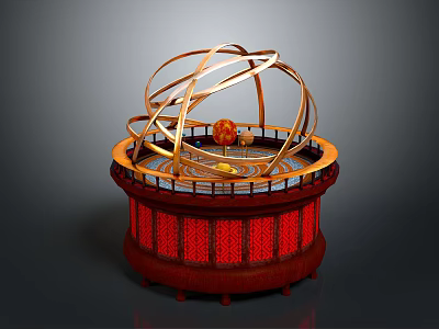 Traditional Chinese Decorative Structure With Round Red Carved Base And Golden Rings 3d model