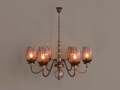 Vintage Brass Chandelier with Four Glass Shades and Lit Candles Decorative Chain Design 3d model