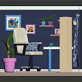 Cartoon Room Interior With Writing Desk Laptop Office Chair Bookshelf And Potted Plants