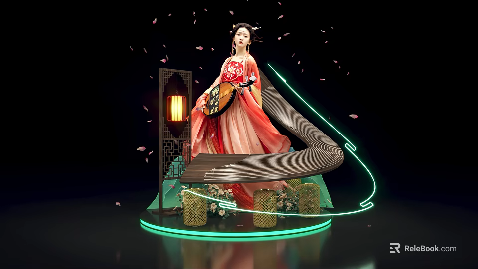 Traditional Hanfu Themed Photo Spot With Lantern Carved Window And Neon Lights 3d model 