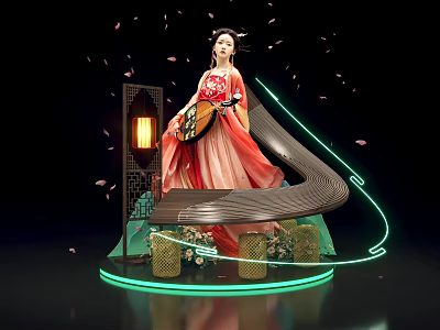 Traditional Hanfu Themed Photo Spot With Lantern Carved Window And Neon Lights 3d model
