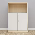 Wooden Cabinet With White Doors Silver Handles Open Shelf And Herringbone Floor 3d model