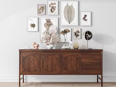 Wooden Console Table With Circular Panels Drawers Decorative Vases Dried Plants And Botanical Wall Art 3d model