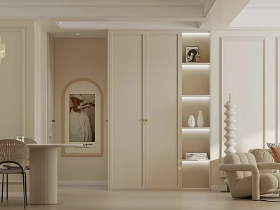 Modern Living Dining Room Interior With Beige Sofa Dining Table And Decorative Shelves 3d model