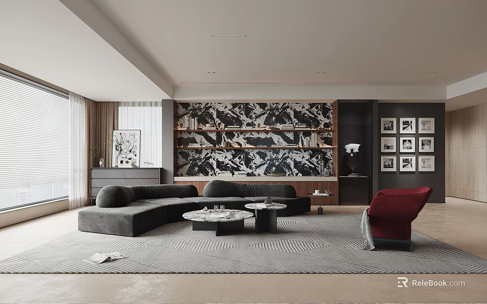 Modern Living Room Interior With Gray L shaped Sofa Round Coffee Tables And Red Accent Chair 3d model 
