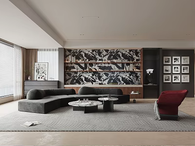 Modern Living Room Interior With Gray L shaped Sofa Round Coffee Tables And Red Accent Chair 3d model