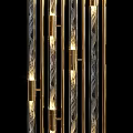 Decorative Hanging Installation with Vertical Gold And Silver Strips Featuring Lighting Effects Against Black Background