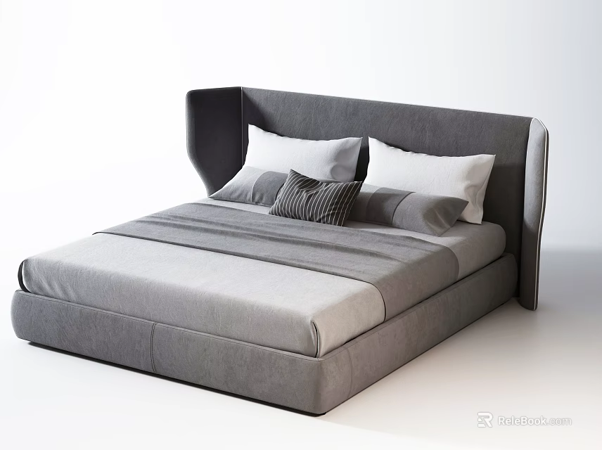 Modern Double Bed With Gray Upholstered Headboard And Plush Pillows 3d model