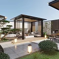 Elegant Modern Garden Landscape Design With Wooden Pavilion Sofa Seating Dining Tables And Green Plants