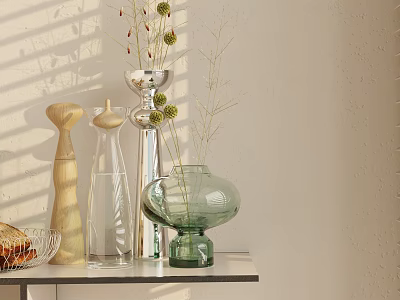 Elegant Simple Interior With Green Glass Vase And Dried Flowers On Shelf 3d model