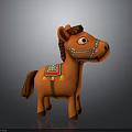 Cartoon Style Orange Toy Horse With Decorative Saddle Green Red Patterns Tassels And Bridle