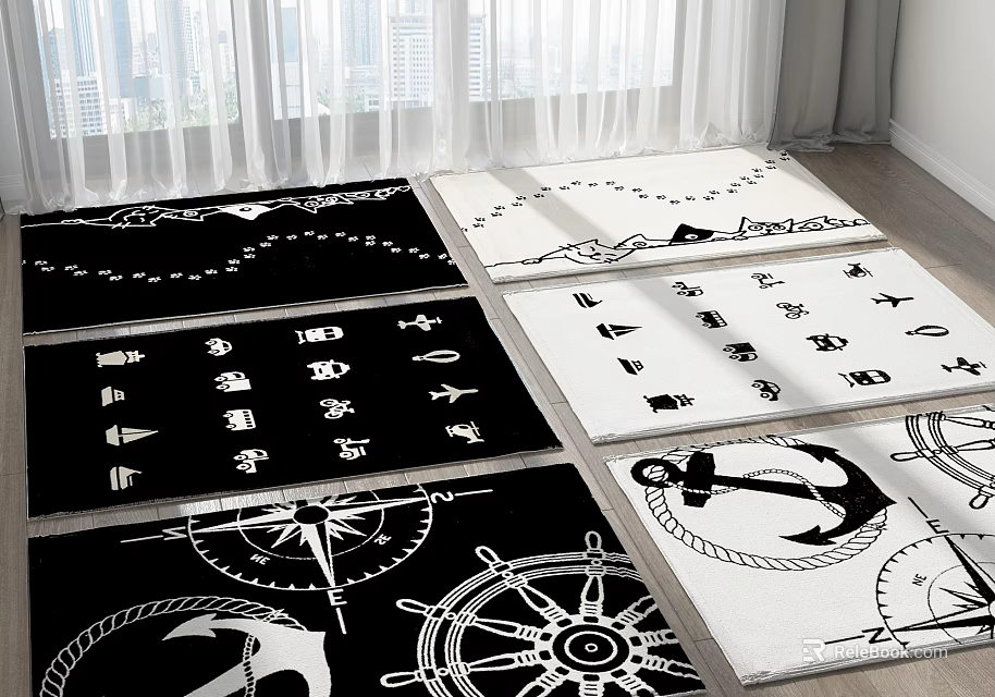 Nautical Black And White Square Rugs With Anchor Compass Ship Wheel Patterns 3d model 