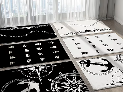 Nautical Black And White Square Rugs With Anchor Compass Ship Wheel Patterns 3d model