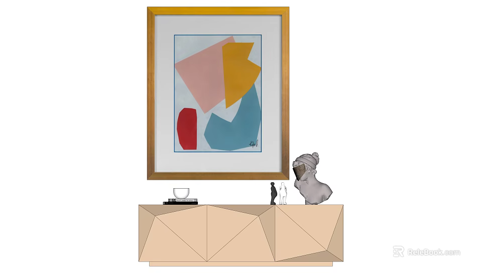 Abstract Geometric Artwork In Golden Frame Above Modern Console Table With Pug Sculpture Decorations 3d model 