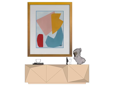Abstract Geometric Artwork In Golden Frame Above Modern Console Table With Pug Sculpture Decorations 3d model