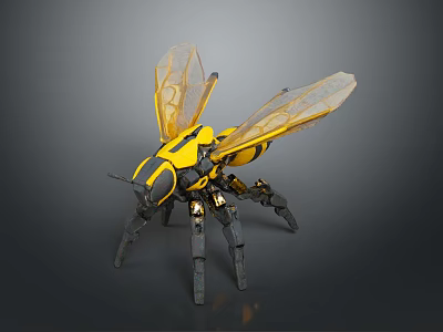 Futuristic Mechanical Bee Robot Insect With Yellow Black Body And Transparent Wings 3d model