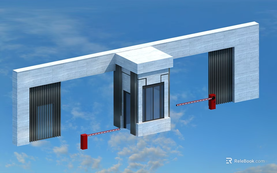 Modern Gate With Glass Door Grilles White Walls Red Barriers And Blue Sky Clouds Background 3d model 