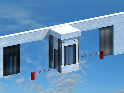Modern Gate With Glass Door Grilles White Walls Red Barriers And Blue Sky Clouds Background 3d model
