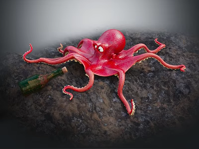 Large Red Octopus With Green Glass Bottle On Dark Rocky Seabed 3d model