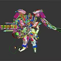 Detailed Colorful Mechanical Robot Character with Creature Wings and Weapon Design
