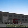 Industrial Factory Building Exterior With Red Truck Workers And Green Bushes