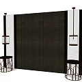 Dark Geometric Patterned Backdrop With Hanging Lanterns And Small Round Tables 3d model