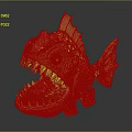 Cartoon Fantasy 3D Fish Character With Blue Body Red Fins Sharp Teeth And Open Mouth