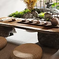 Zen Style Villa Balcony With Natural Plants Rocks And Tea Set