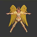 Golden Armored Winged Figure With Yellow Wings And Posed Stance On Reflective Base