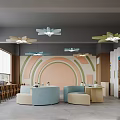 Library Interior Design With Colorful Decor Modern Furniture And Geometric Walls