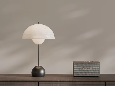 Modern Table Lamp With Spherical Base Pale Dome Shade And Vintage Radio On Wooden Table 3d model