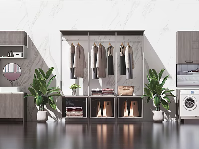 Modern Bathroom Cabinet Rack With Storage Shelves Mirror And Green Plants 3d model